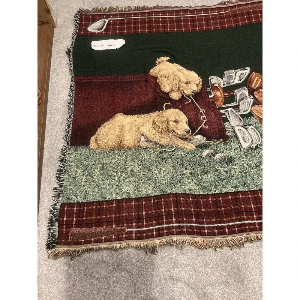 Two Puppy Golden Retriever and golf themed tapestry‎ throw blanket